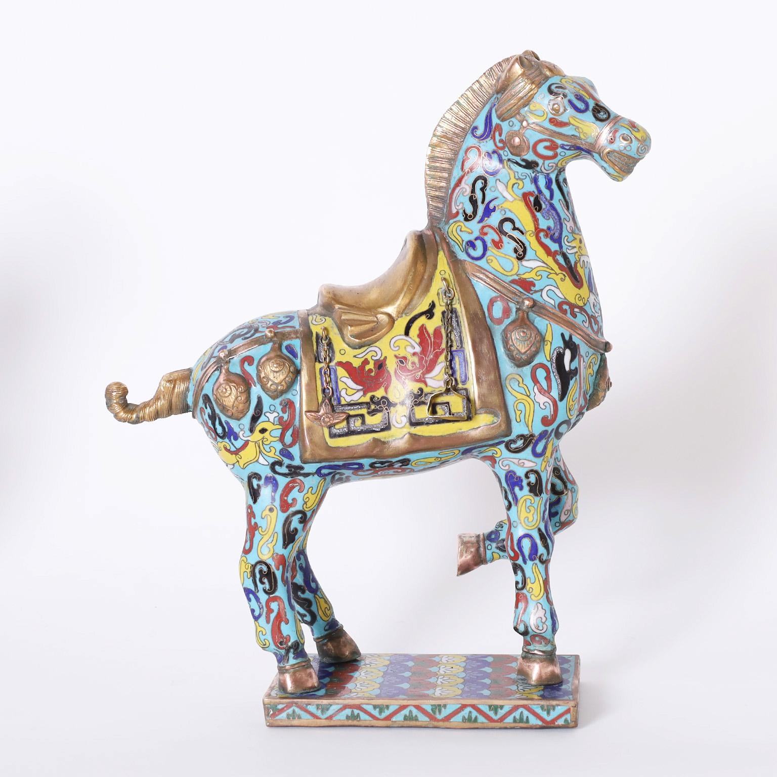 Chinese Pair of Cloisonné Tang Style Horses For Sale
