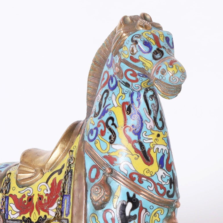 Pair of Cloisonné Tang Style Horses For Sale at 1stDibs