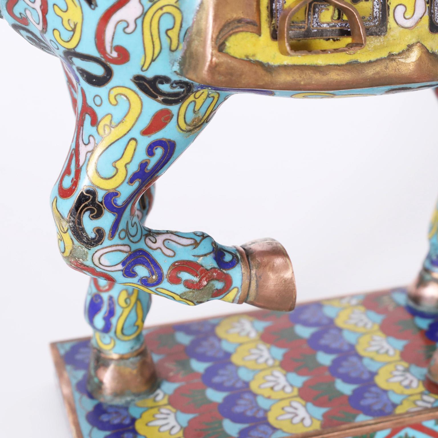 Metal Pair of Cloisonné Tang Style Horses For Sale