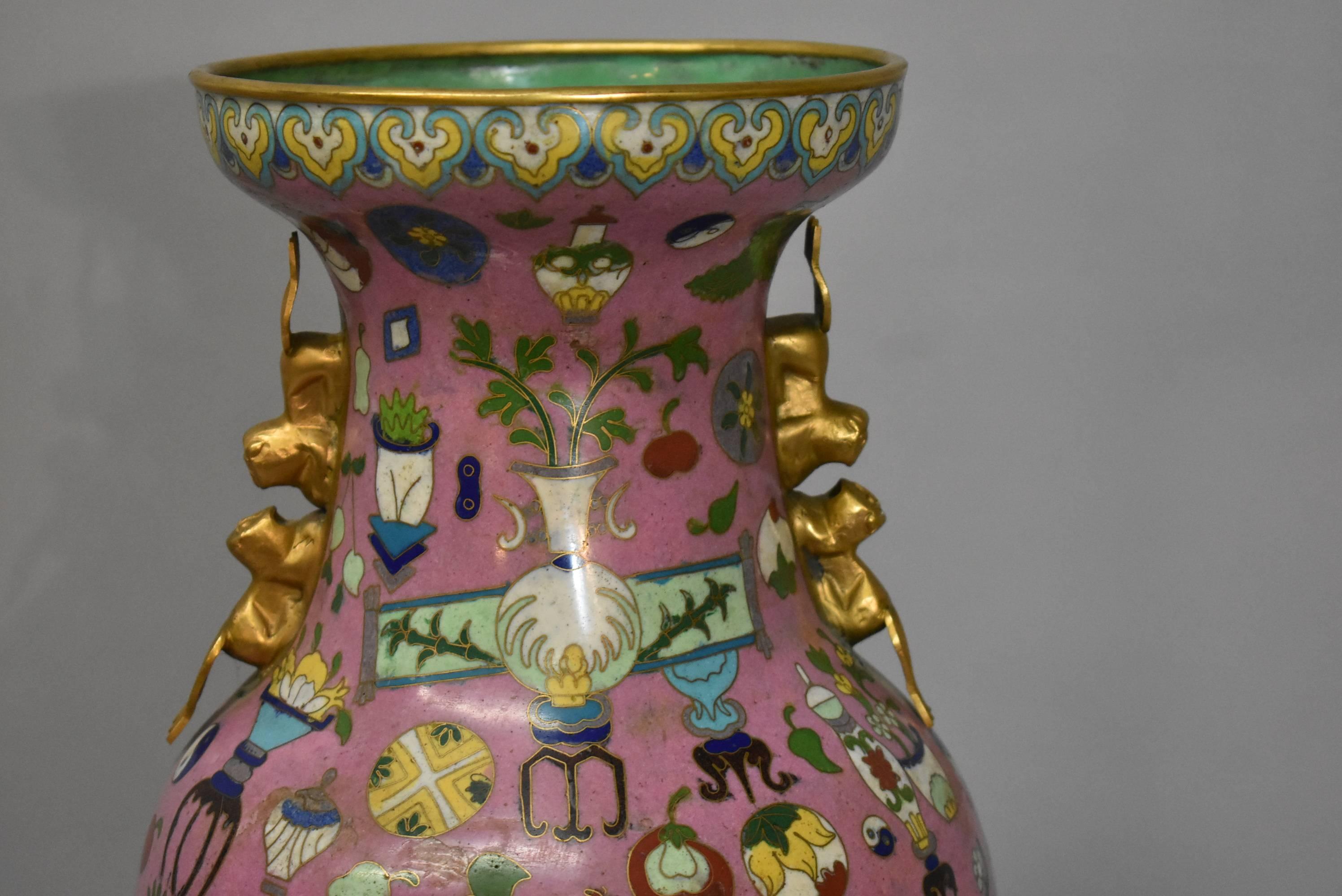 Qing Pair of Cloisonné Vases in the Hundred Treasures Pattern with Brass Handles