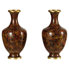 Pair of Cloisonné Vases with Warm Reddish Brown Ground and Floral Decoration