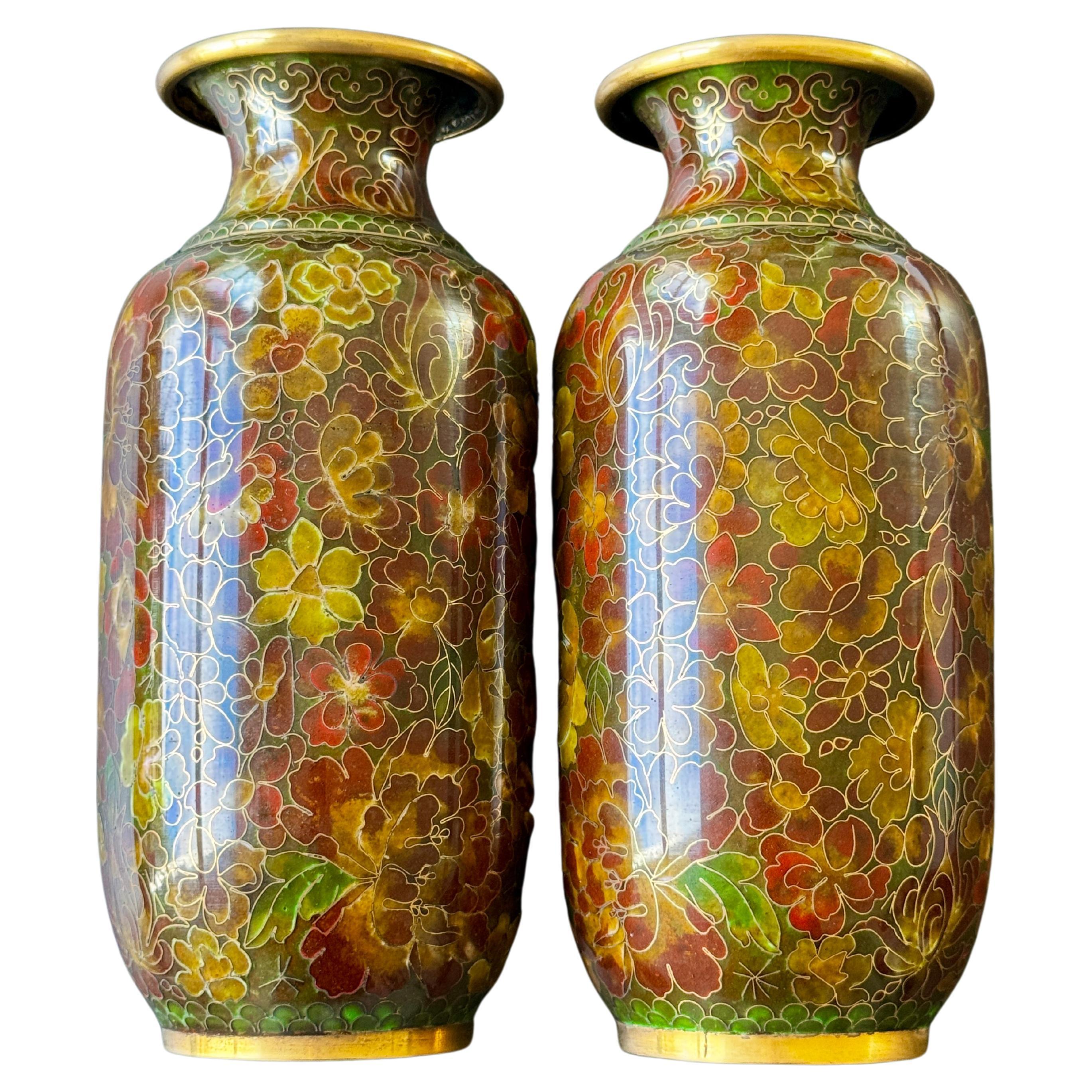 Pair of Cloissone Vases  9.25" x 4" x 4" For Sale