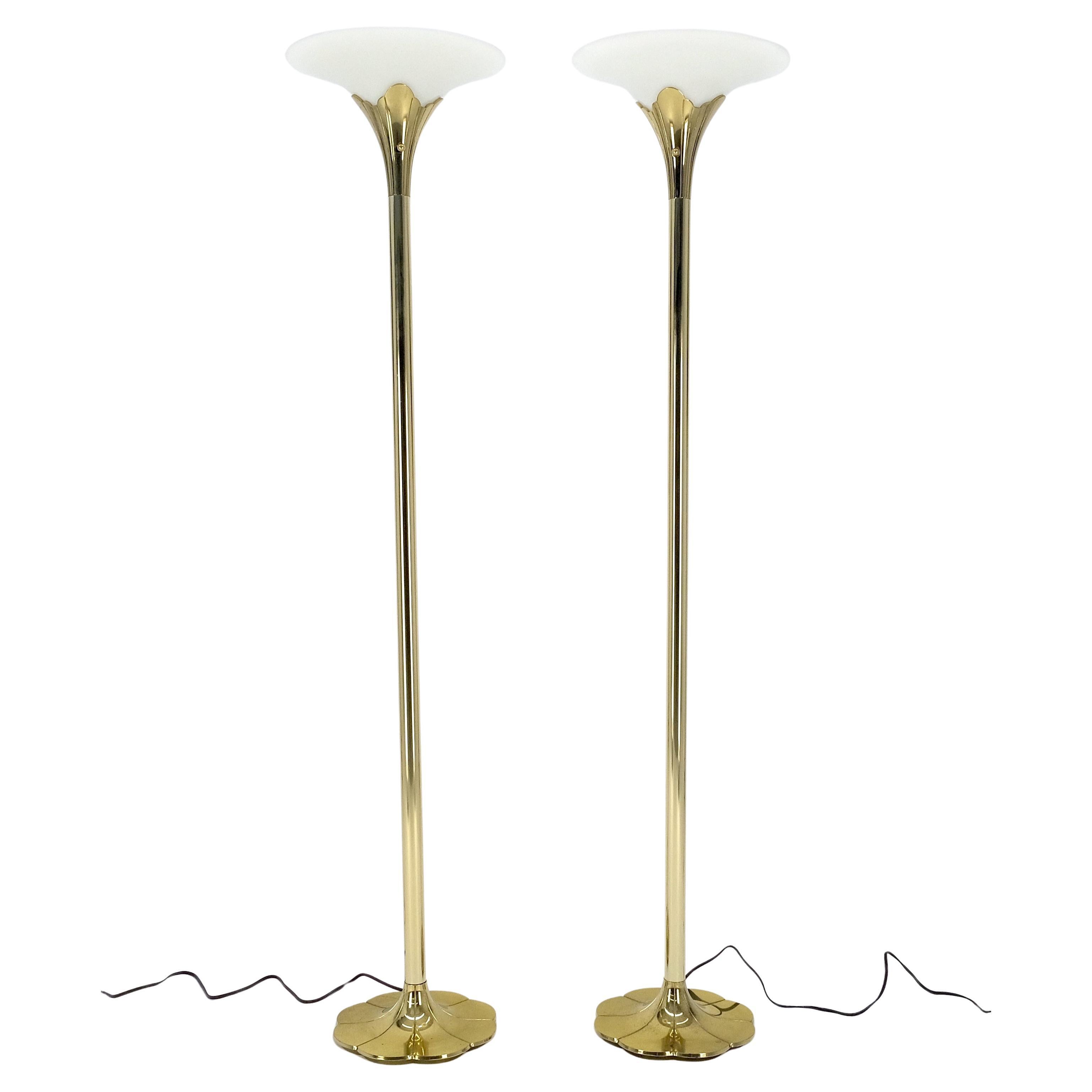 Pair of Clover Shape Base Trumpet Shades Brass Floor Lamps c1970s For Sale