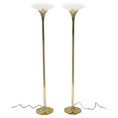 Pair of Clover Shape Base Trumpet Shades Brass Floor Lamps c1970s Pair of Clover Shape Base Trumpet Shades Brass Floor Lamps c1970s