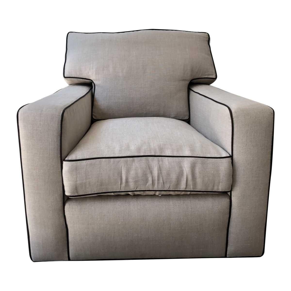 Pair of club A. Rudin swivel chairs.

Description
Sold as a set of 2.
Natural linen upholstery.
Dark Brown leather piping.
Loose down and feather-filled back cushions.
Loose wrapped foam seat cushions.
Not eligible for