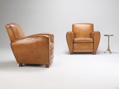 Pareja de sillones club franceses de cuero Art Decó, hechos a mano, años 30