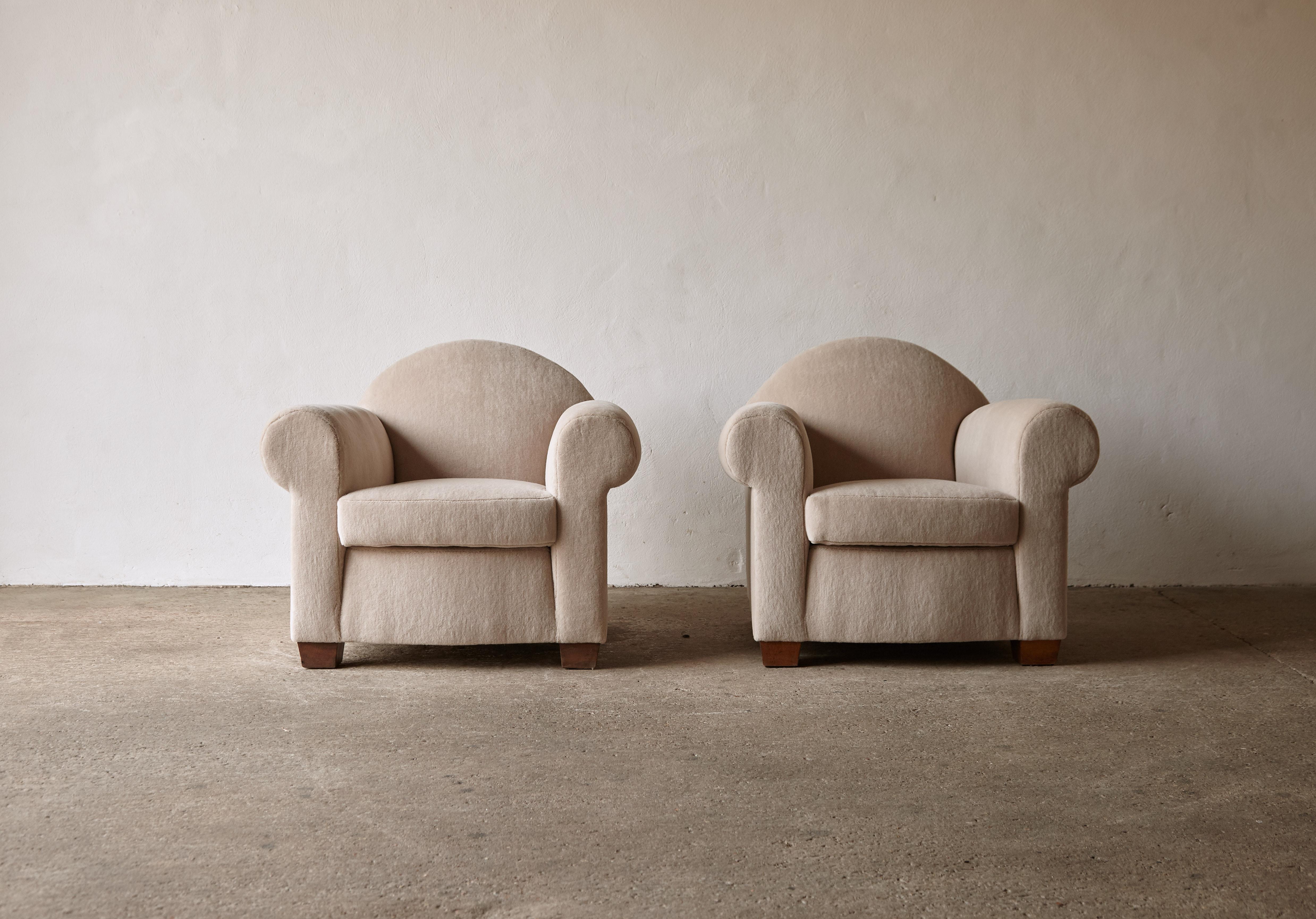French Pair of Club Chairs, Newly Upholstered in Pure Alpaca, France, 1930s