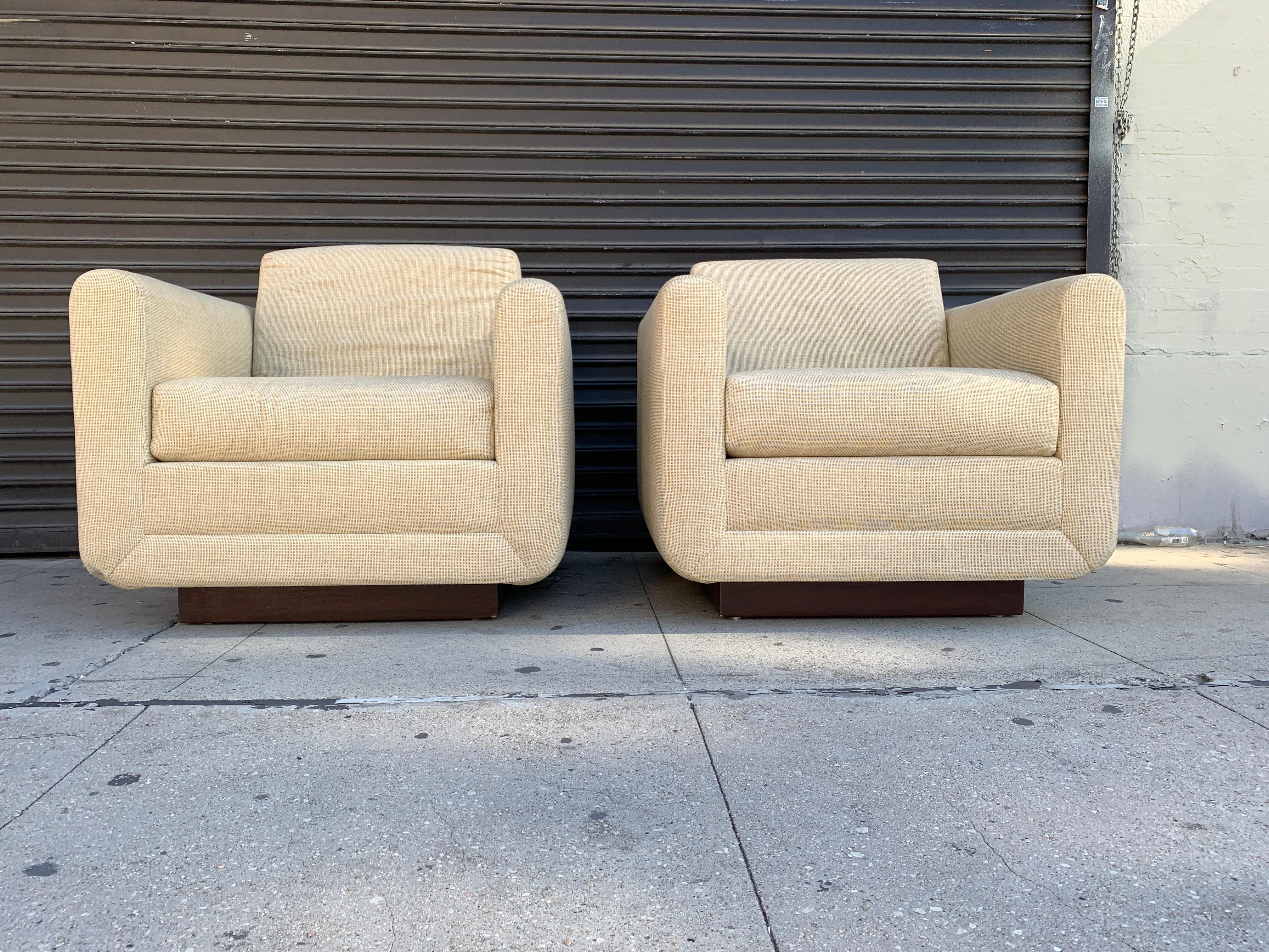 Upholstery Pair of Club Chairs on Walnut Plinth by Harvey Probber