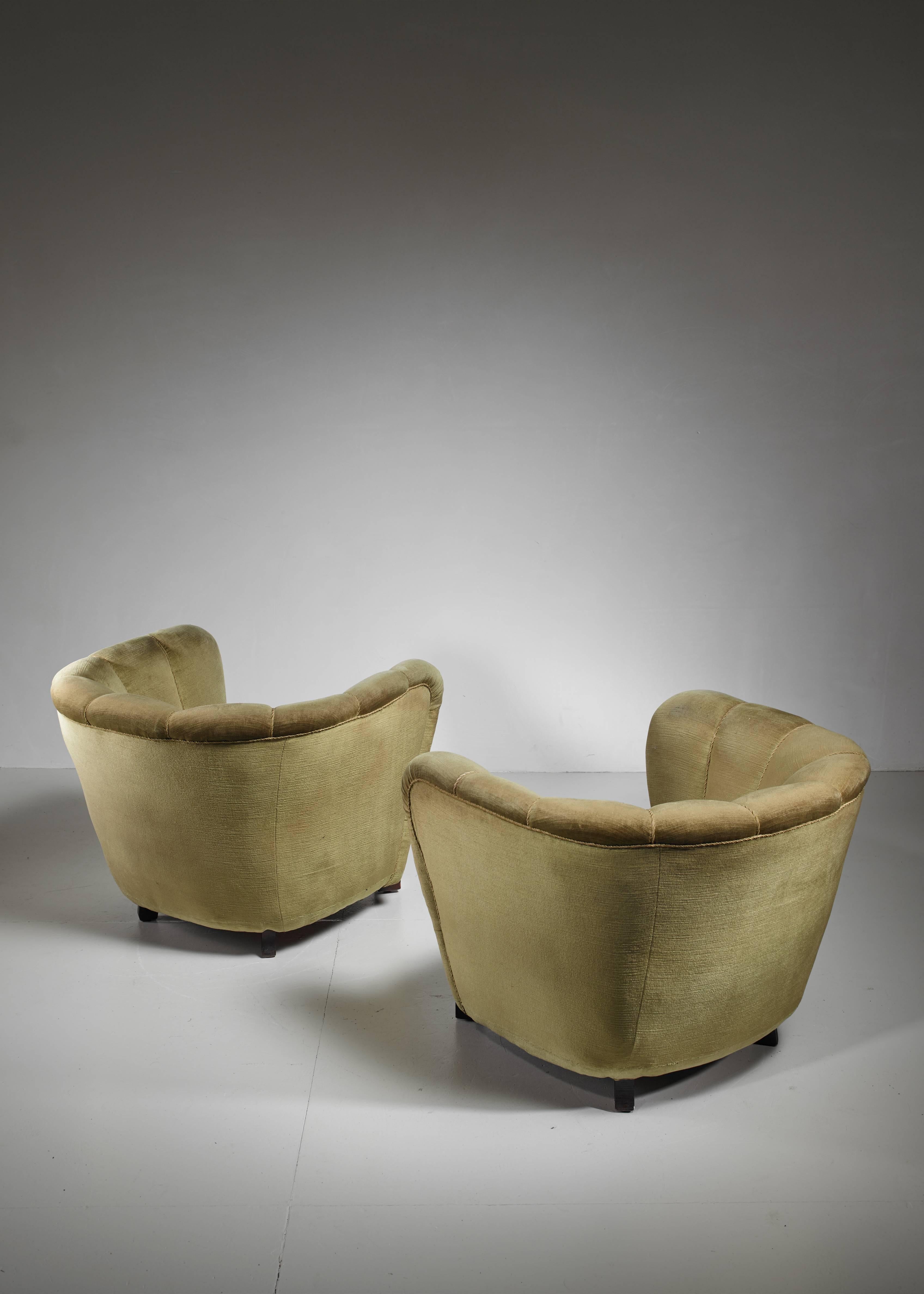 Danish Pair of Club Chairs with Green Velour Upholstery, Denmark, 1940s For Sale