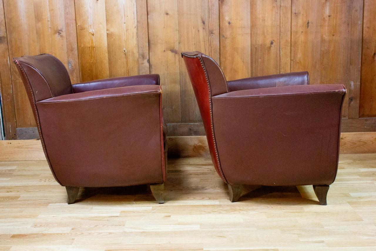 European Pair of Club Chairs with Patina Leather Art Deco Vintage 1940 For Sale