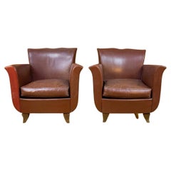 Pair of Club Chairs with Patina Leather Art Deco Vintage 1940