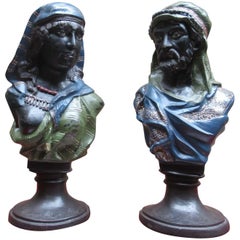 Pair of Coal Painted Bronze Busts of a Arab Man and Woman