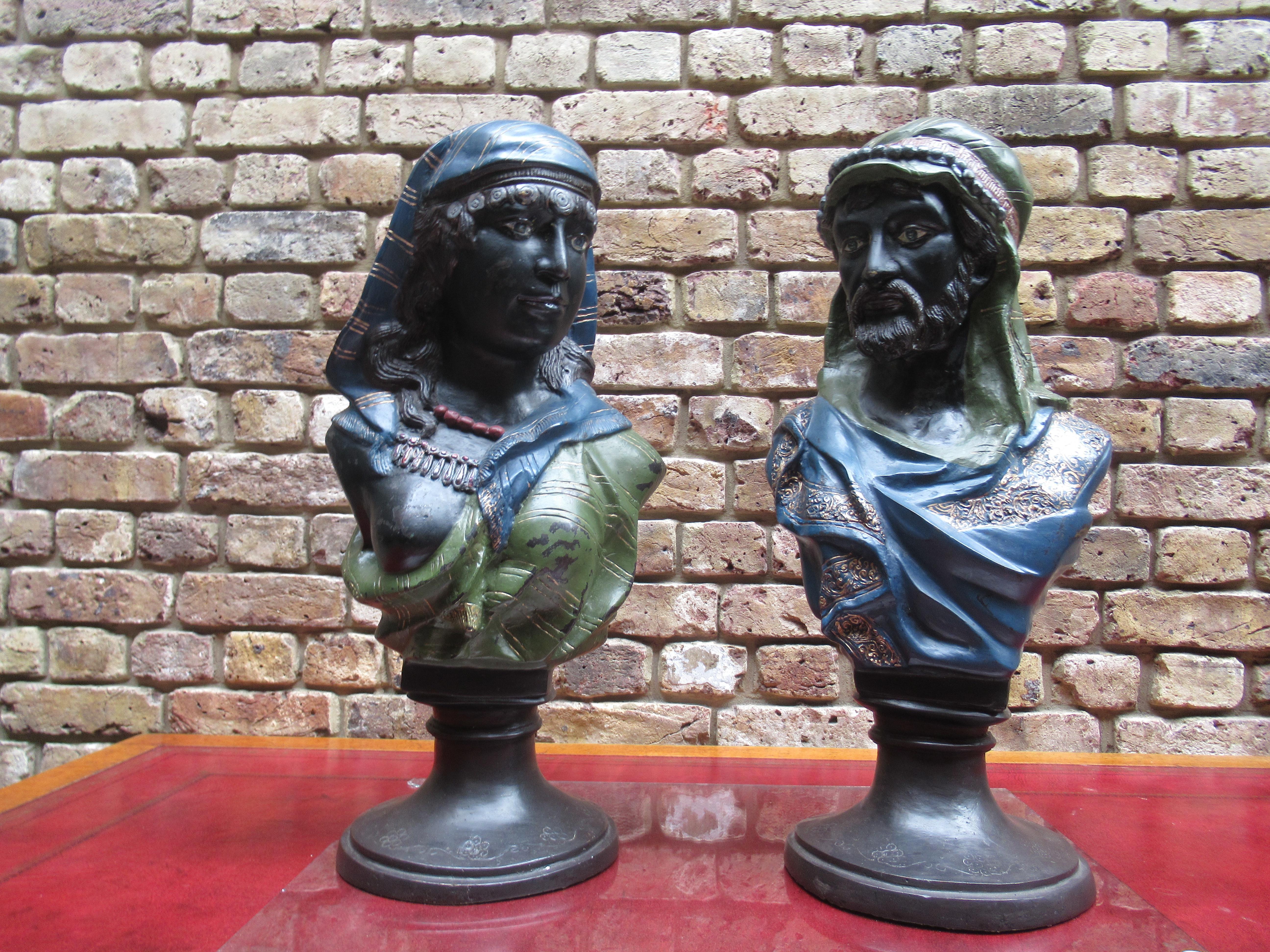 African Pair of Coal Painted Bronze Busts of a Arab Man and Woman For Sale