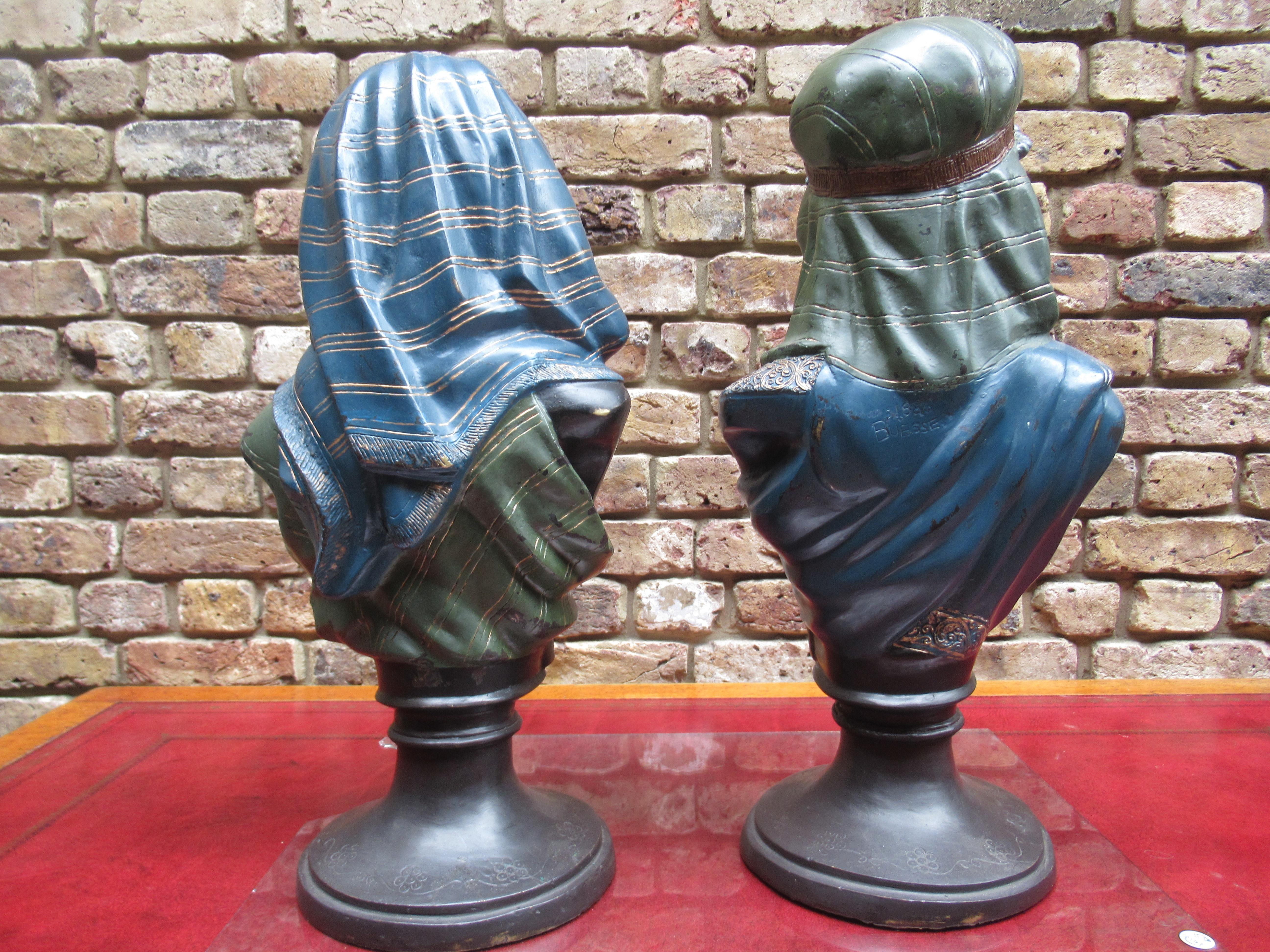 Pair of Coal Painted Bronze Busts of a Arab Man and Woman In Fair Condition For Sale In London, GB