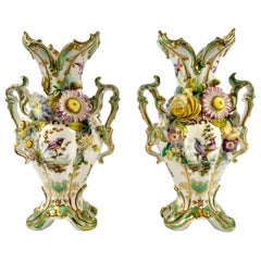 Antique Pair of Coalbrookdale Encrusted Porcelain Vases, circa 1830