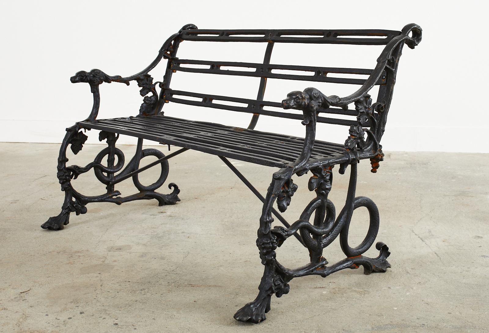 Pair of Coalbrookdale Serpent and Grape Pattern Iron Garden Benches For Sale 3
