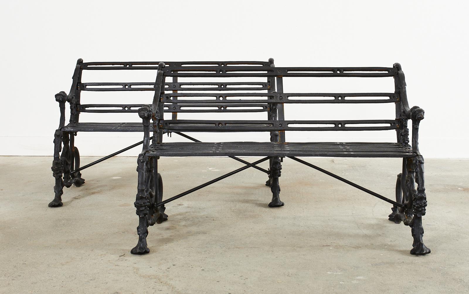 Gothic Revival Pair of Coalbrookdale Serpent and Grape Pattern Iron Garden Benches For Sale