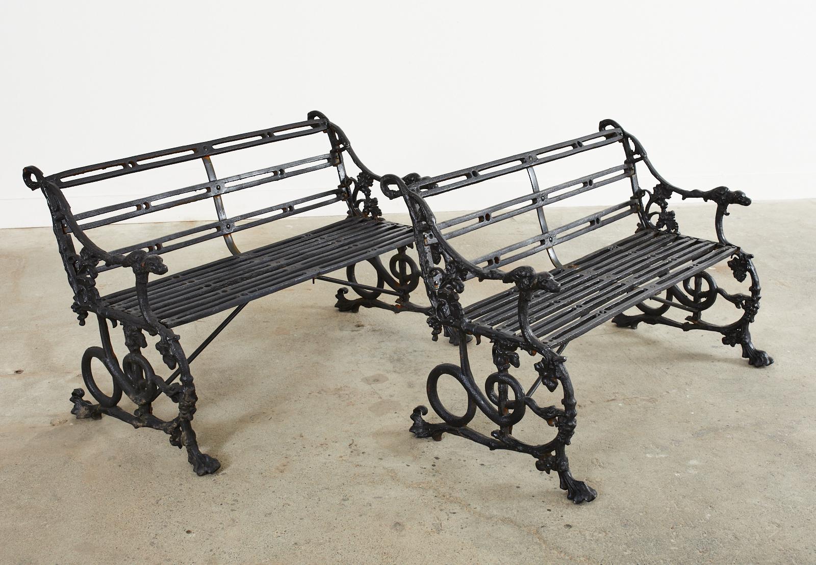 English Pair of Coalbrookdale Serpent and Grape Pattern Iron Garden Benches For Sale