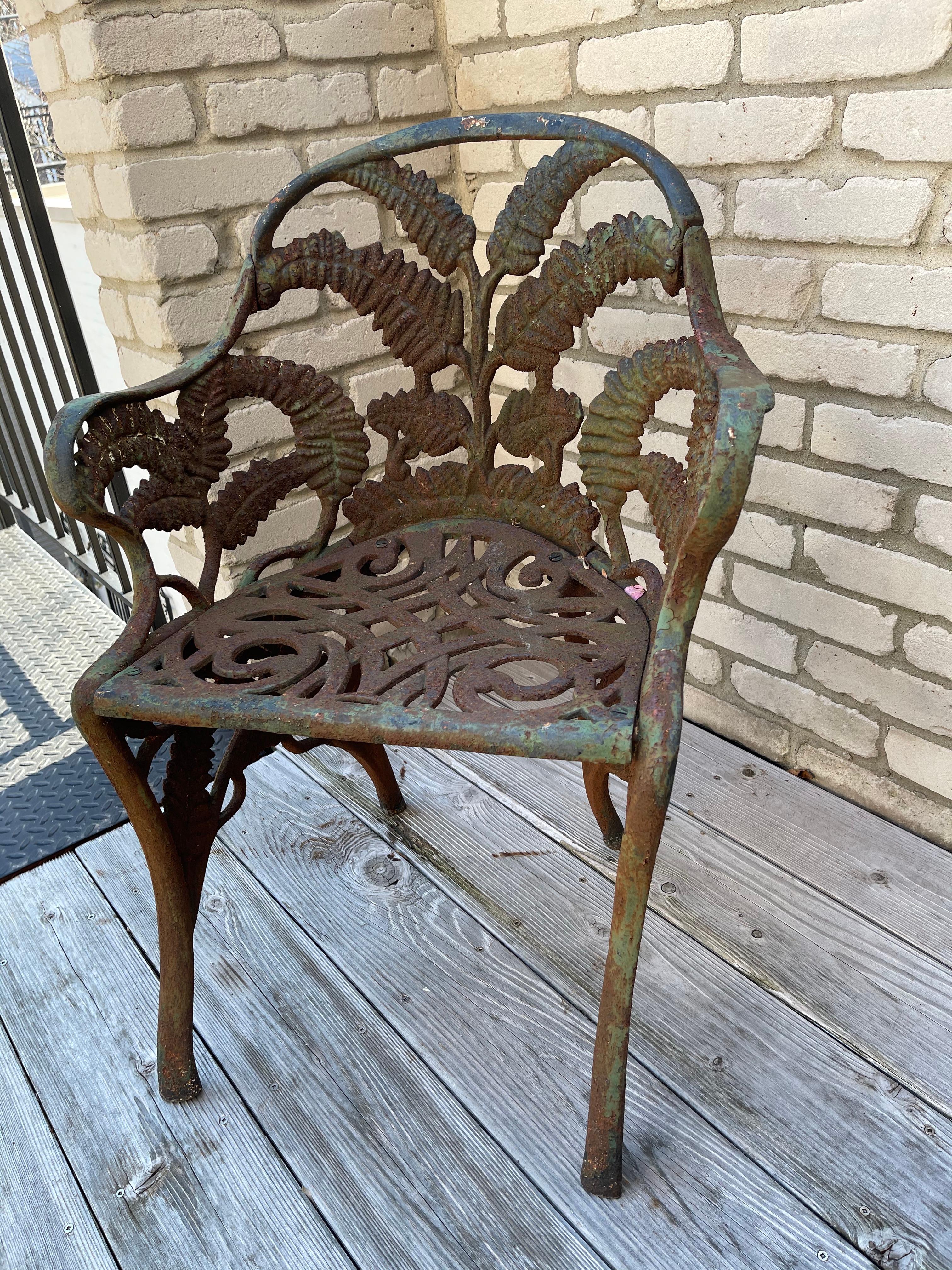 Rococo Revival Pair of Coalbrookdale Style Fern and Blackberry Pattern Cast Iron Garden Chairs For Sale
