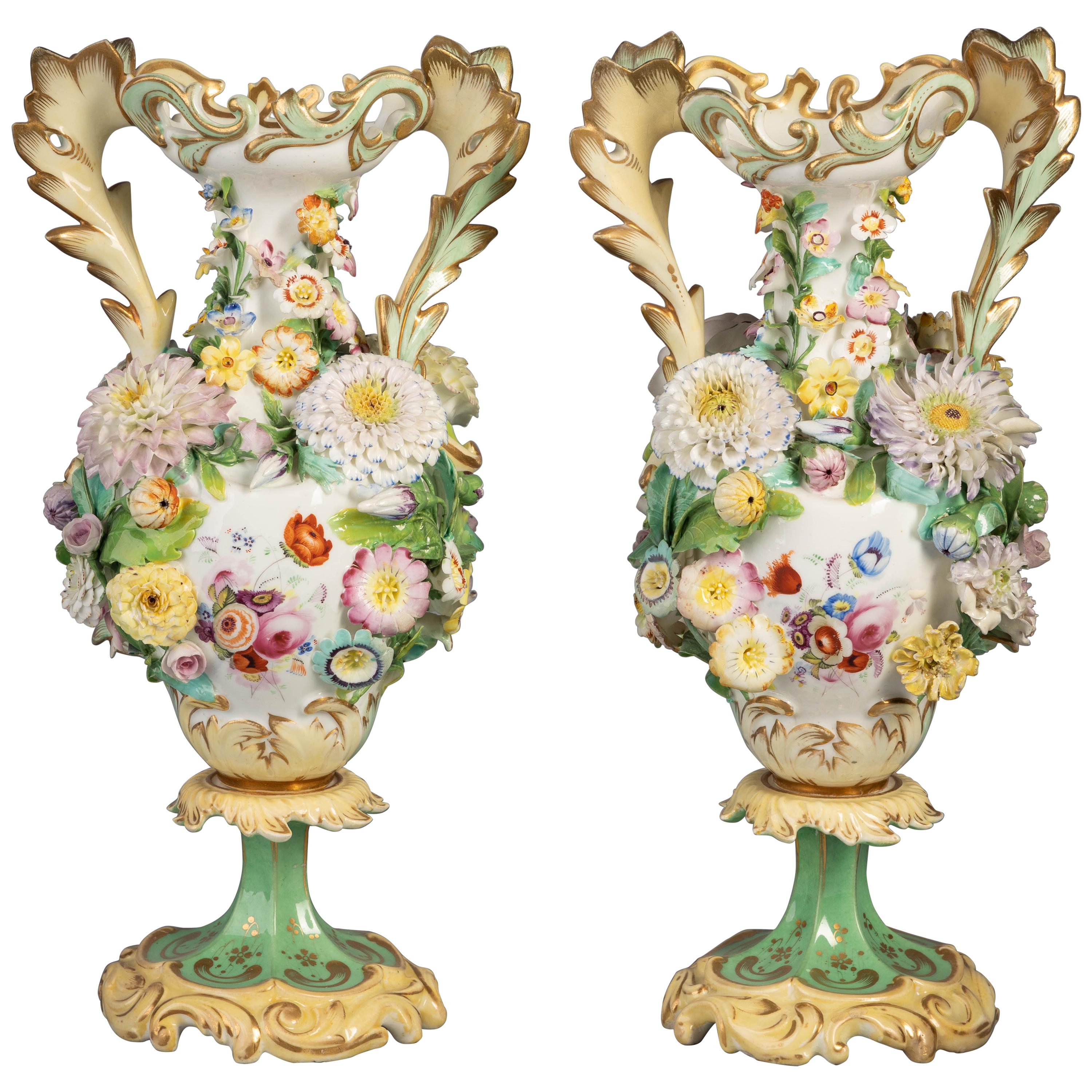 Pair of Coalbrookdale Vases with Applied Flowers, Circa 1840 For Sale