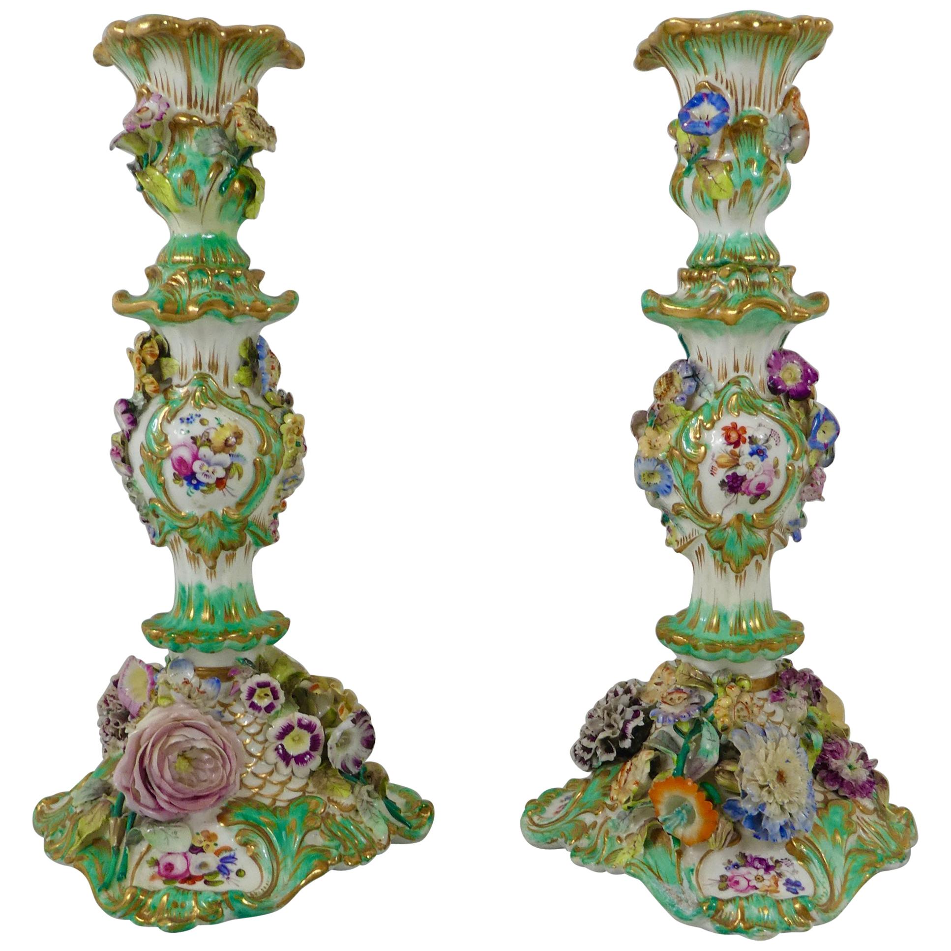 Pair of Coalport Flower Encrusted, Porcelain Candlesticks, circa 1830