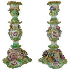 Pair of Coalport Flower Encrusted, Porcelain Candlesticks, circa 1830