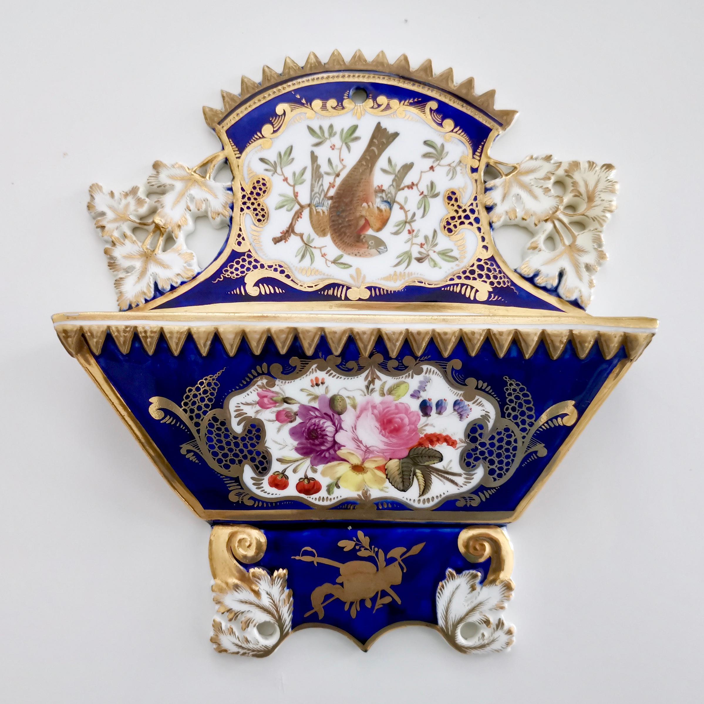 Regency Pair of Coalport Porcelain Letter Racks, Cobalt Blue, Birds and Flowers, ca 1815