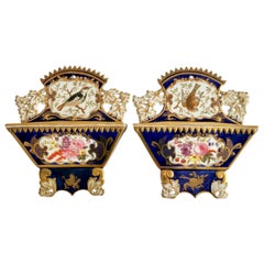 Pair of Coalport Porcelain Letter Racks, Cobalt Blue, Birds and Flowers, ca 1815