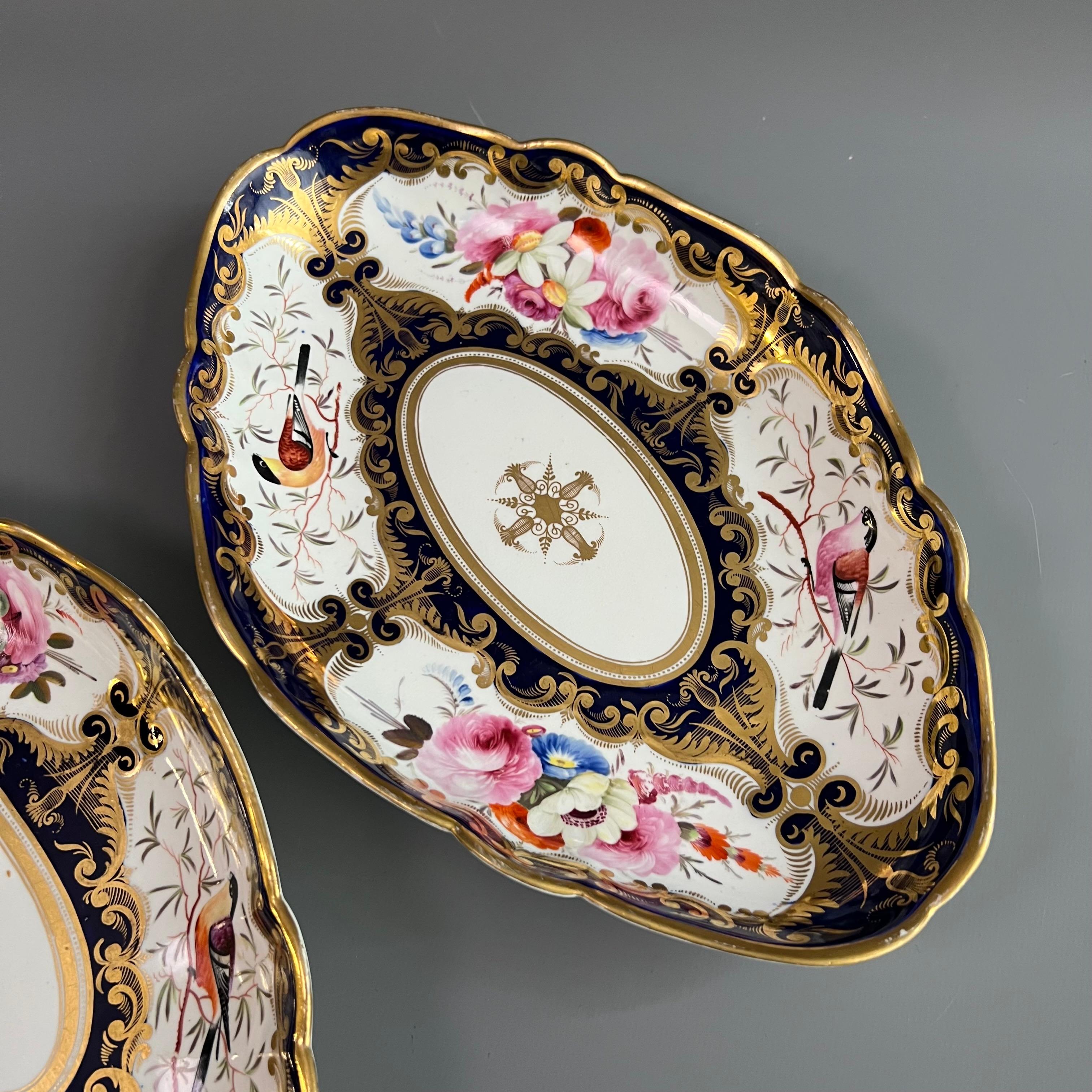 English Pair of Coalport Porcelain Oval Dishes, Flowers & Birds Patt.759, Regency ca1815 For Sale