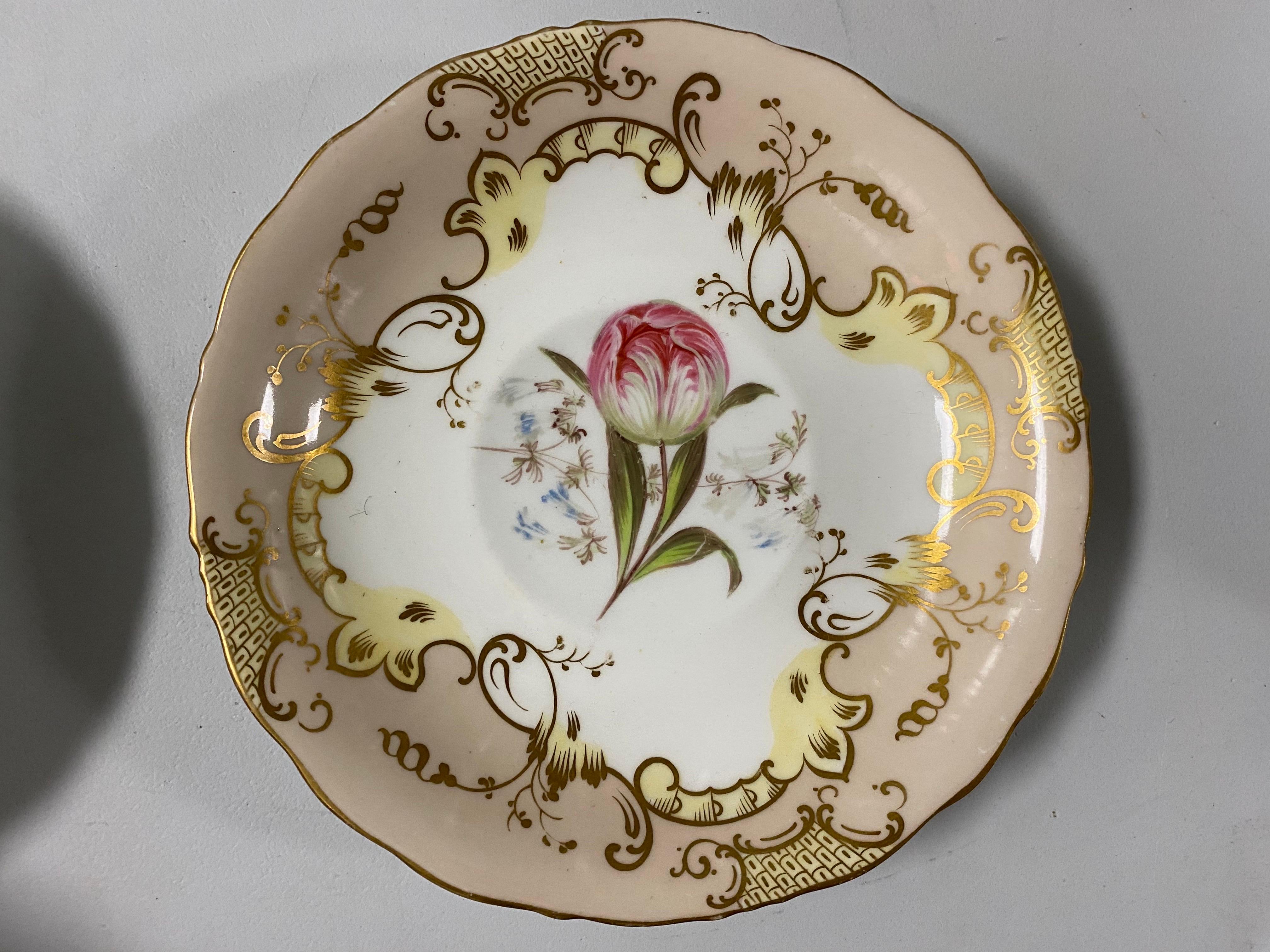 English Pair of Coalport Porcelain Saucers, Beige & Flowers, By Joseph Birbeck, c. 1847 For Sale