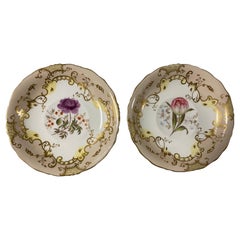 Pair of Coalport Porcelain Saucers, Beige & Flowers, By Joseph Birbeck, c. 1847