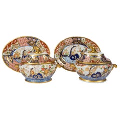 Antique Pair of Coalport Rock and Tree Pattern Sauce Tureens, England, circa 1820