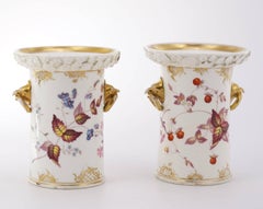Pair of Coalport Vases with Birds Head Handles, Strawberries, circa 1830