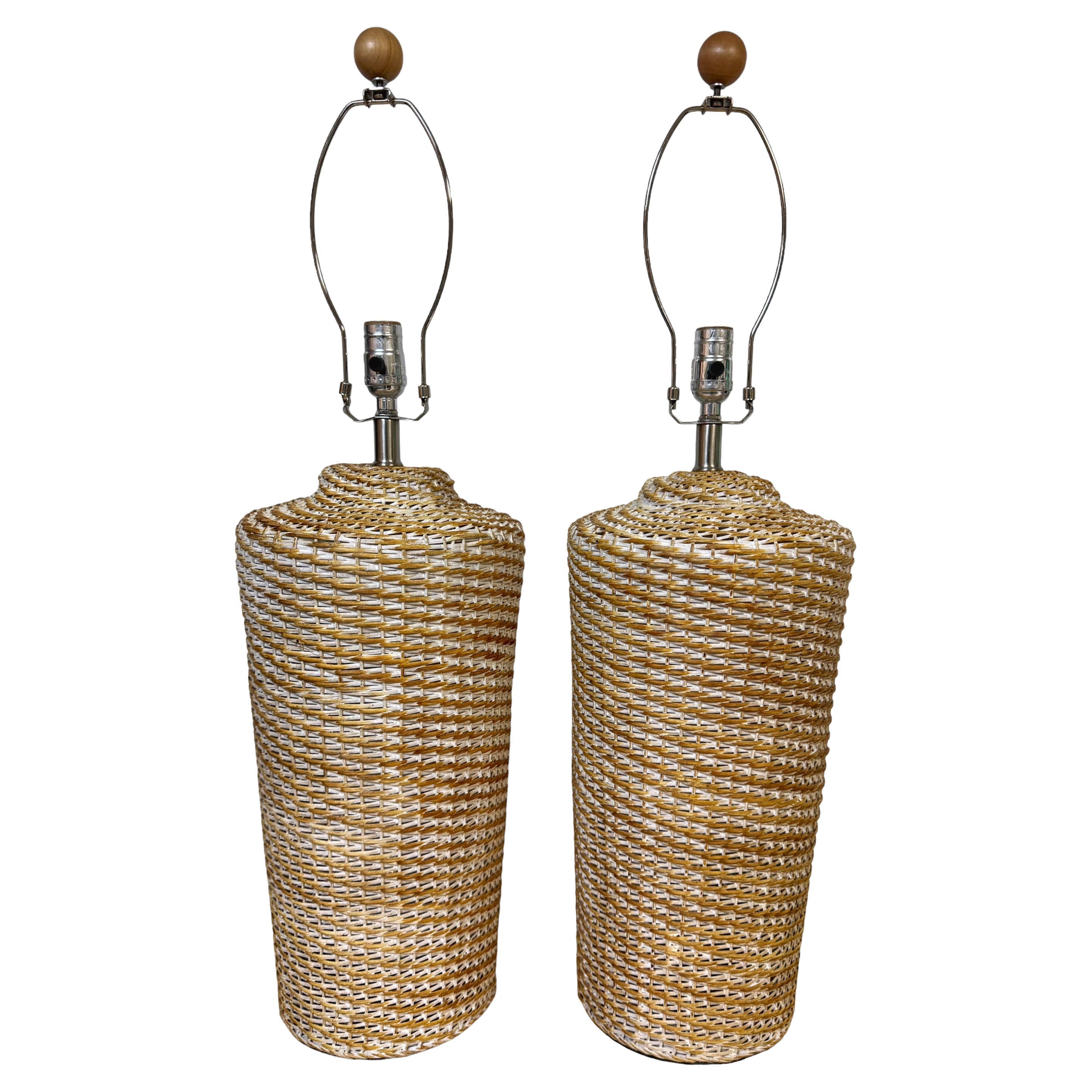 Pair of Coastal Modern White-Polychromed Woven Rattan Lamps 