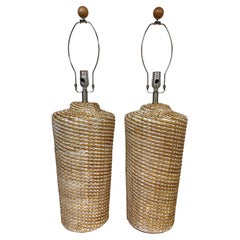 Vintage Pair of Coastal Modern White-Polychromed Woven Rattan Lamps 