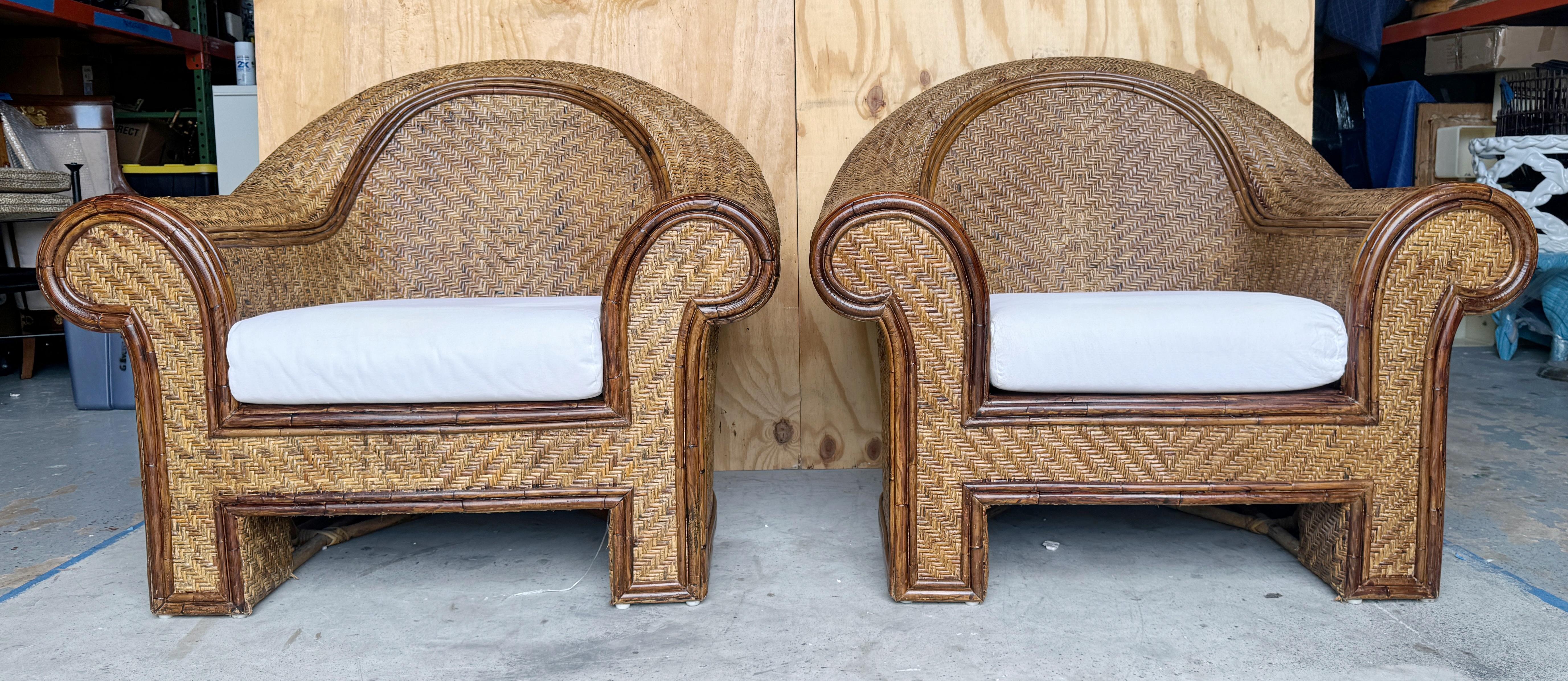 Upholstery Pair of Coastal Rattan & Reed Woven Club Chairs, attributed to Ralph Lauren  For Sale