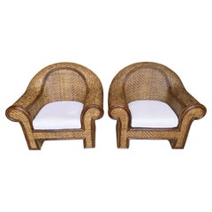 Pair of Coastal Rattan & Reed Woven Club Chairs, attributed to Ralph Lauren 