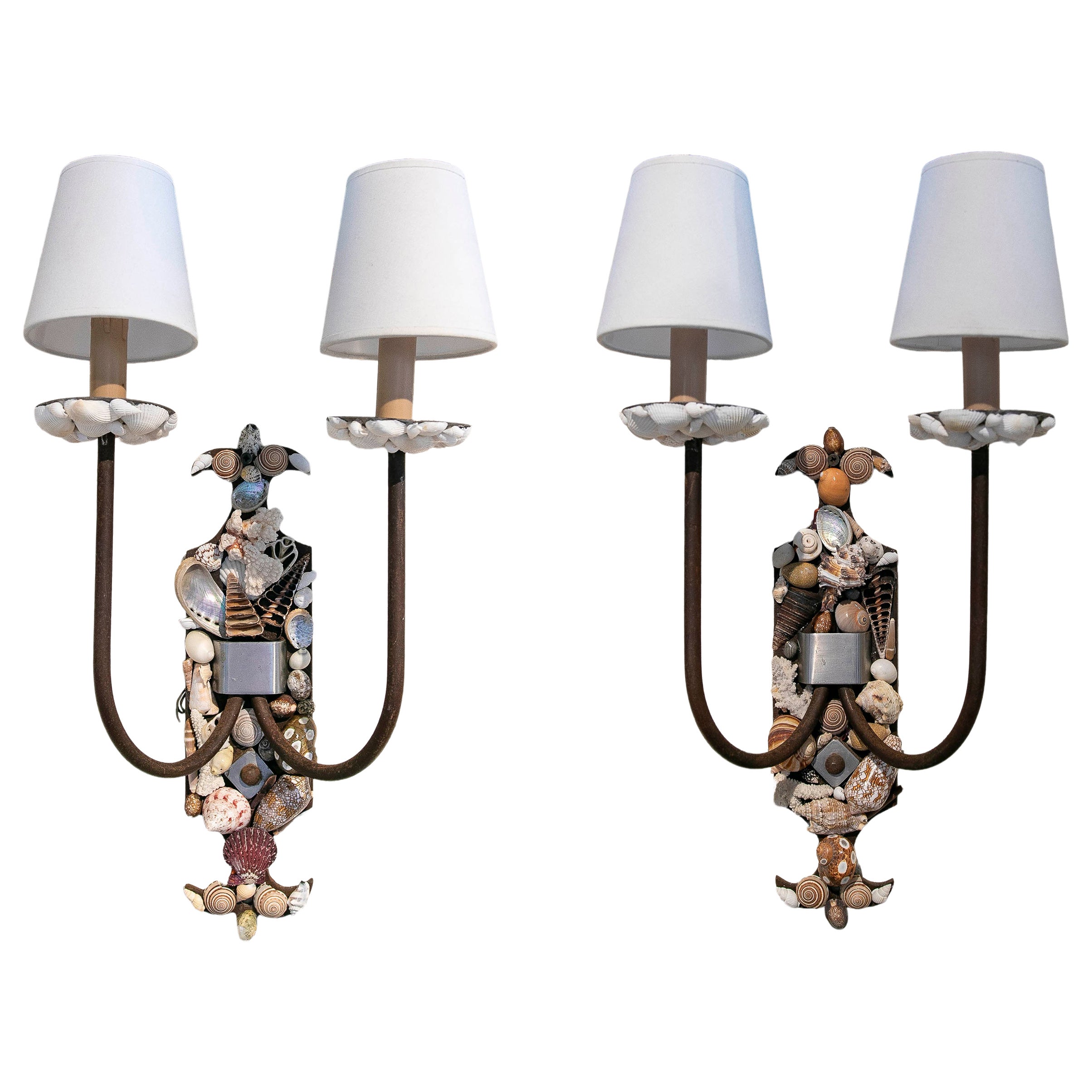 Pair of Coastal Style Wall Sconces with Seashells, Metal, 1970s For Sale