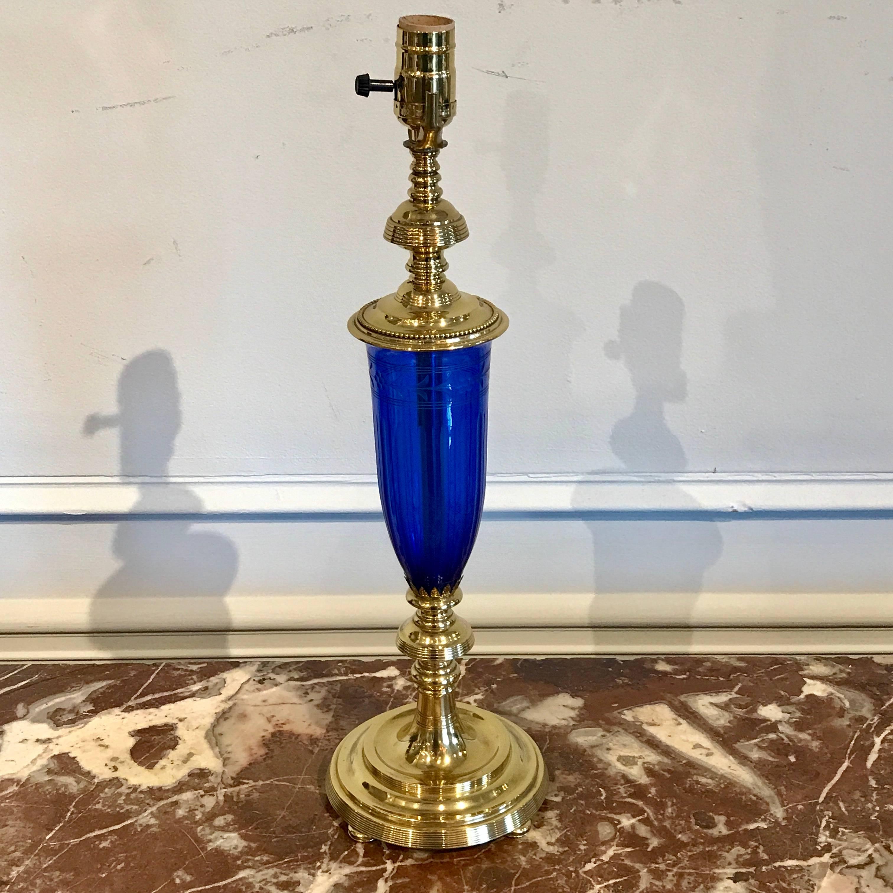 American Pair of Cobalt Blue and Brass-Mounted Urn Lamps by Pairpoint
