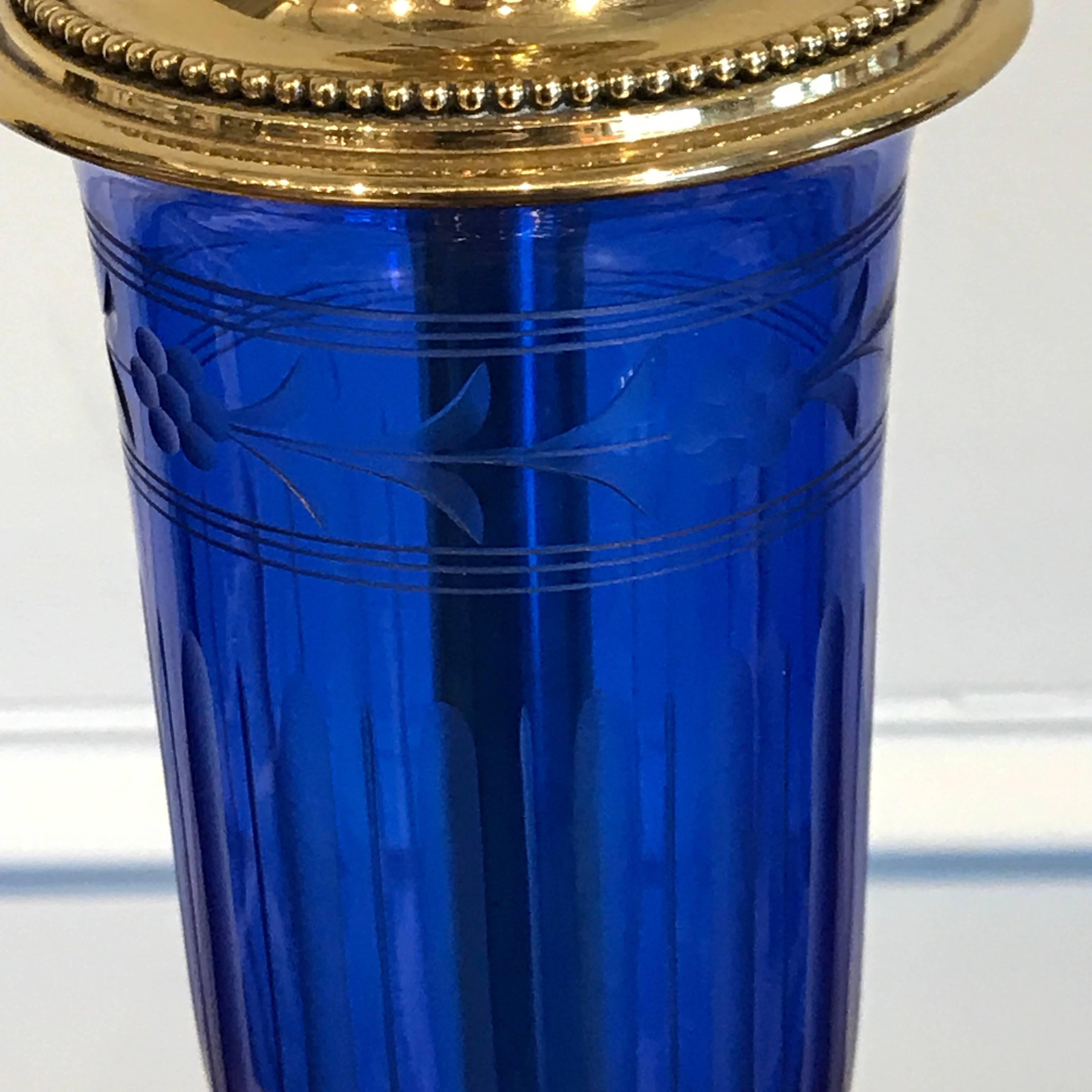 Pair of Cobalt Blue and Brass-Mounted Urn Lamps by Pairpoint In Excellent Condition In Atlanta, GA