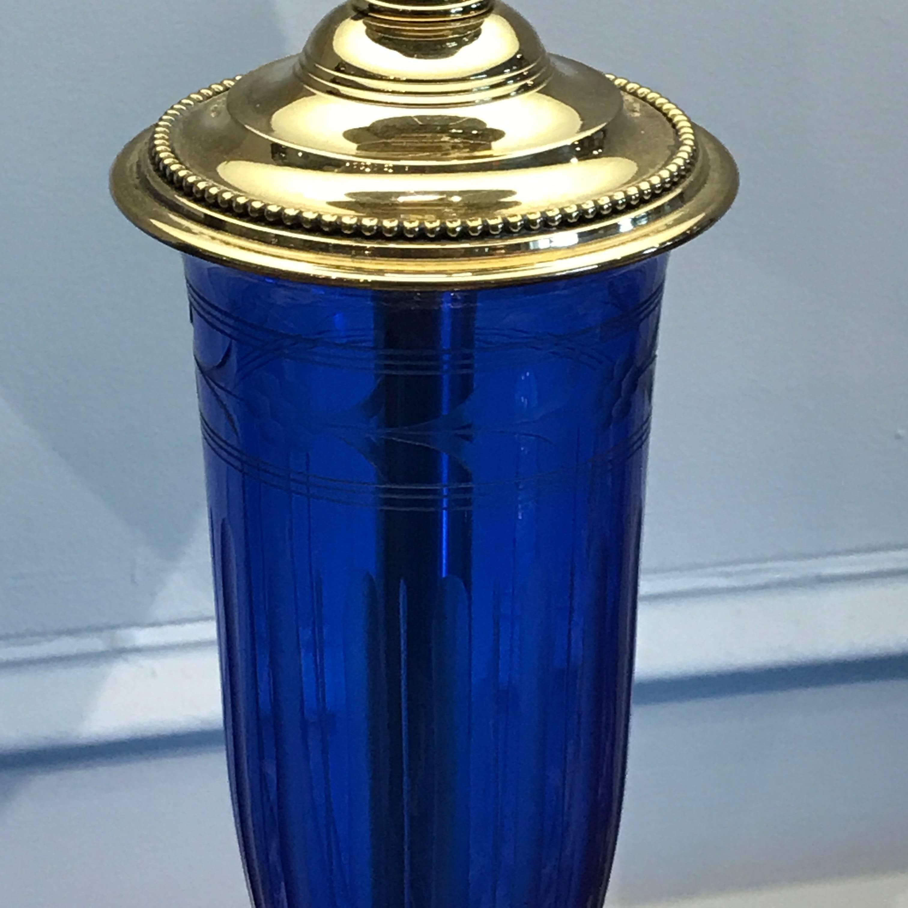 Glass Pair of Cobalt Blue and Brass-Mounted Urn Lamps by Pairpoint