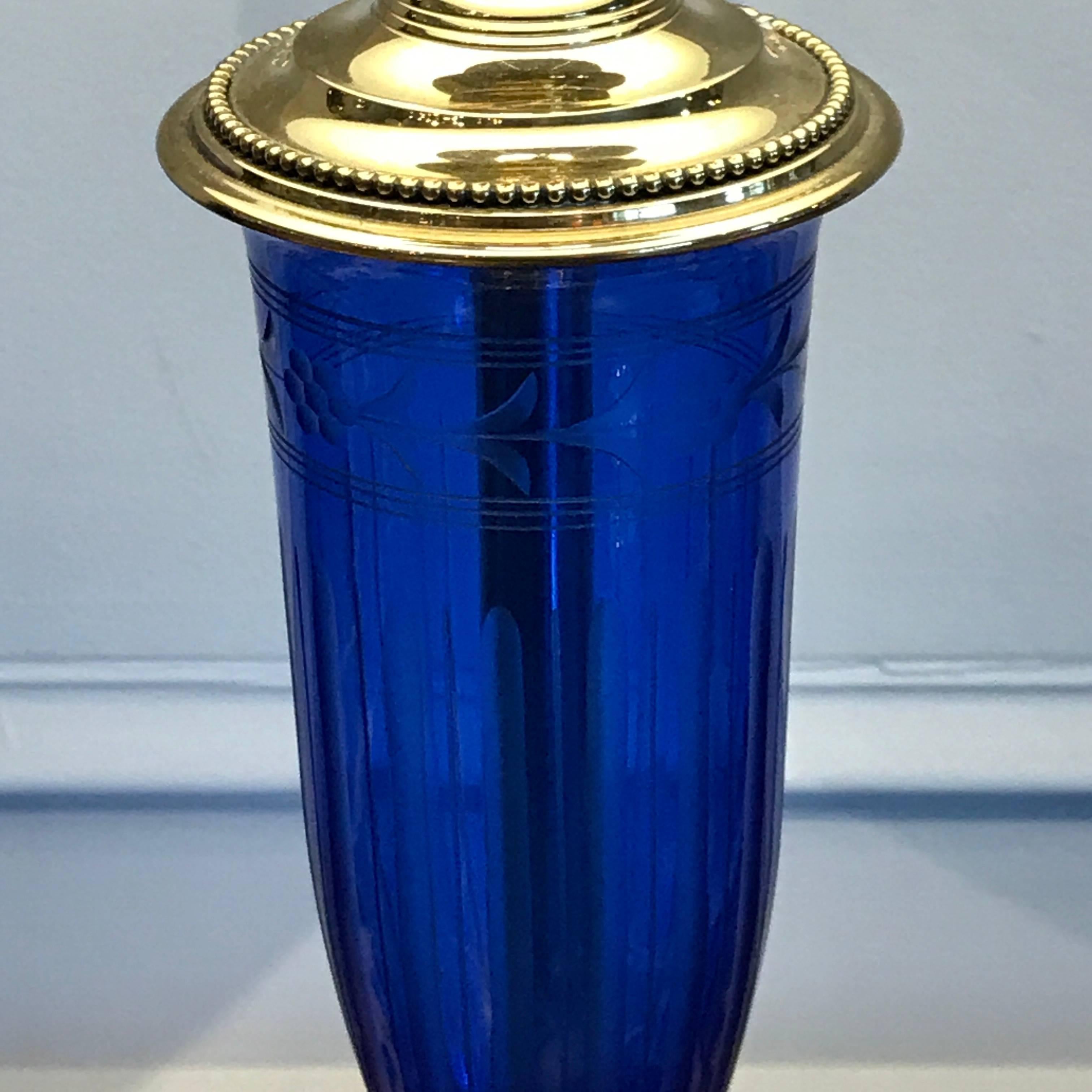 Pair of Cobalt Blue and Brass-Mounted Urn Lamps by Pairpoint 1