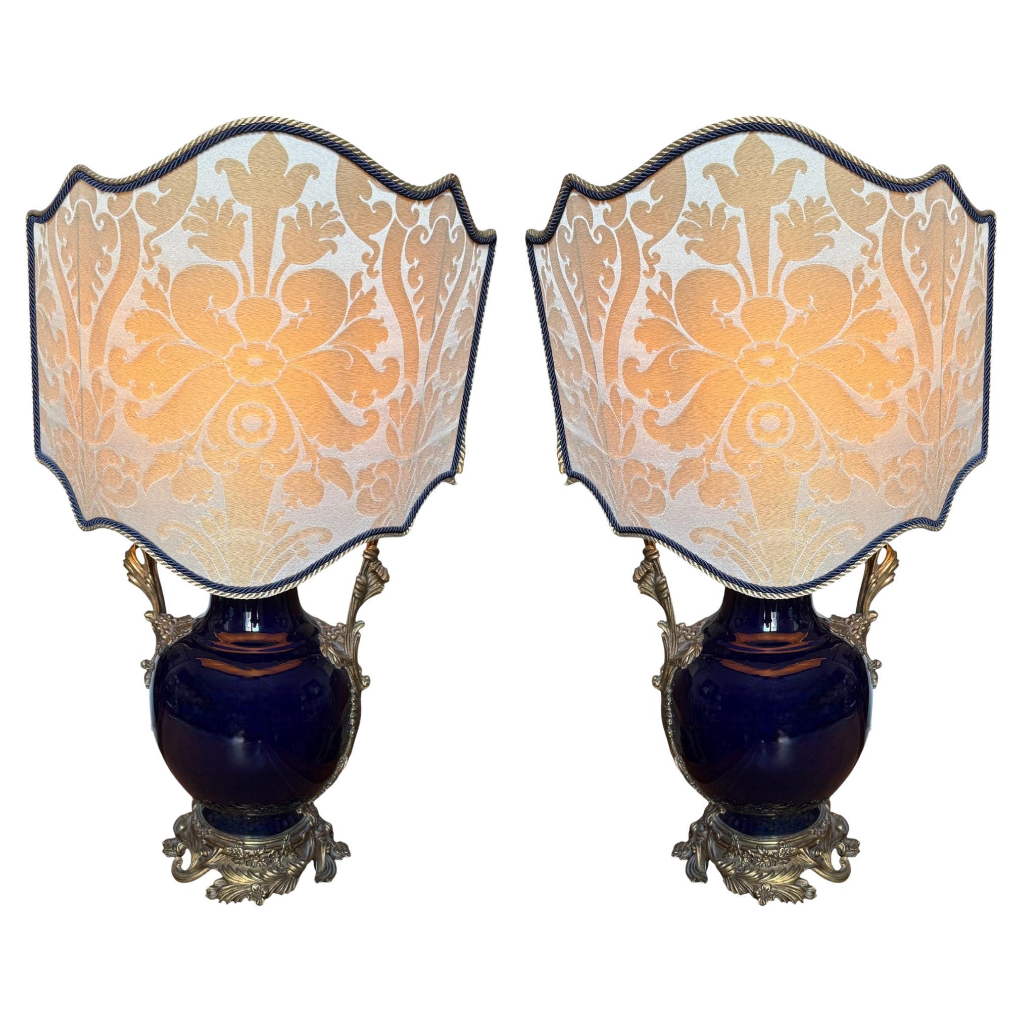 Pair of Cobalt Blue Ceramic Lamps with Gilt Bronze Mounts, 20th Century For Sale