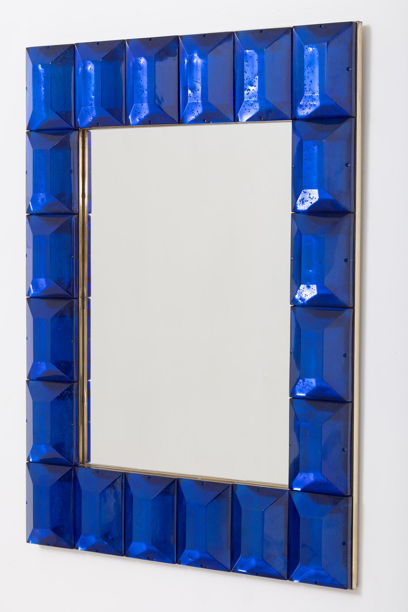 Mid-Century Modern Pair of Cobalt Blue Diamond Cut Murano Glass Mirrors, in Stock For Sale