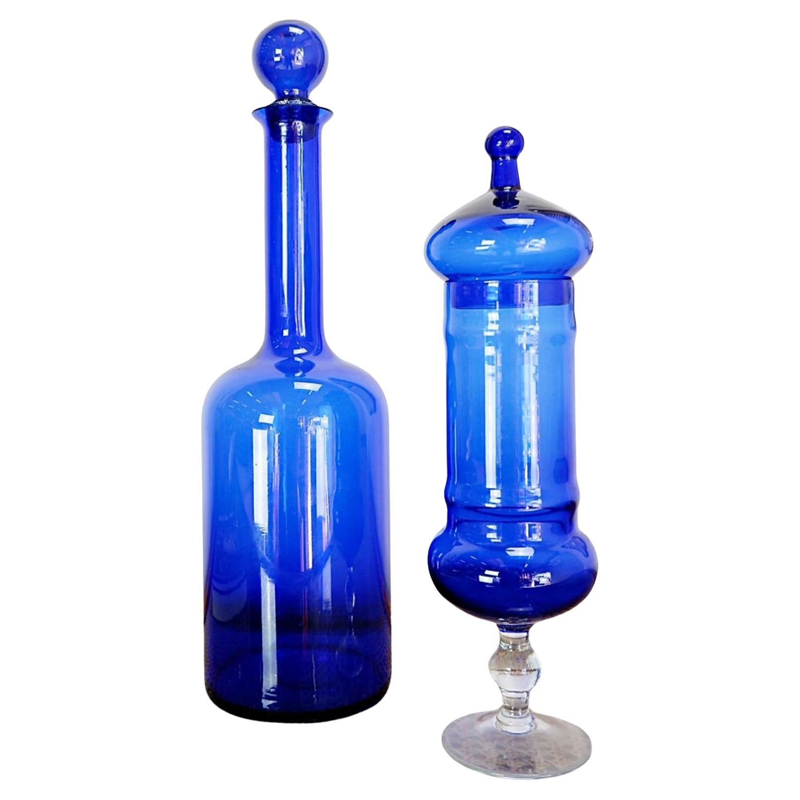 Coppia di bottiglie di vetro blu cobalto - (1 bottiglia e 1 bonboniere)