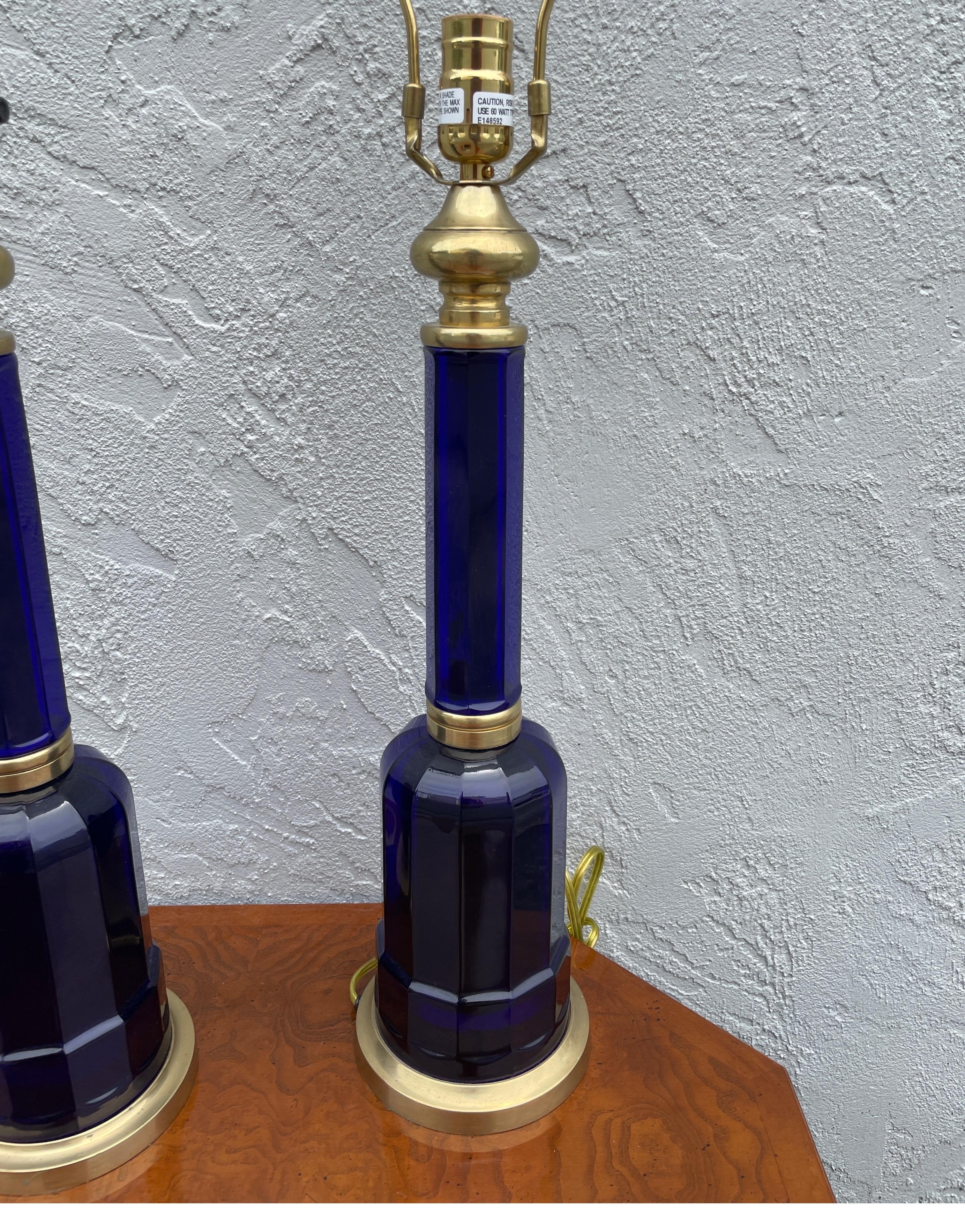 Vintage Vaughan cobalt blue & brass pair of lamps.