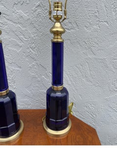 Pair of Cobalt Blue Glass & Brass Lamps by Vaughan