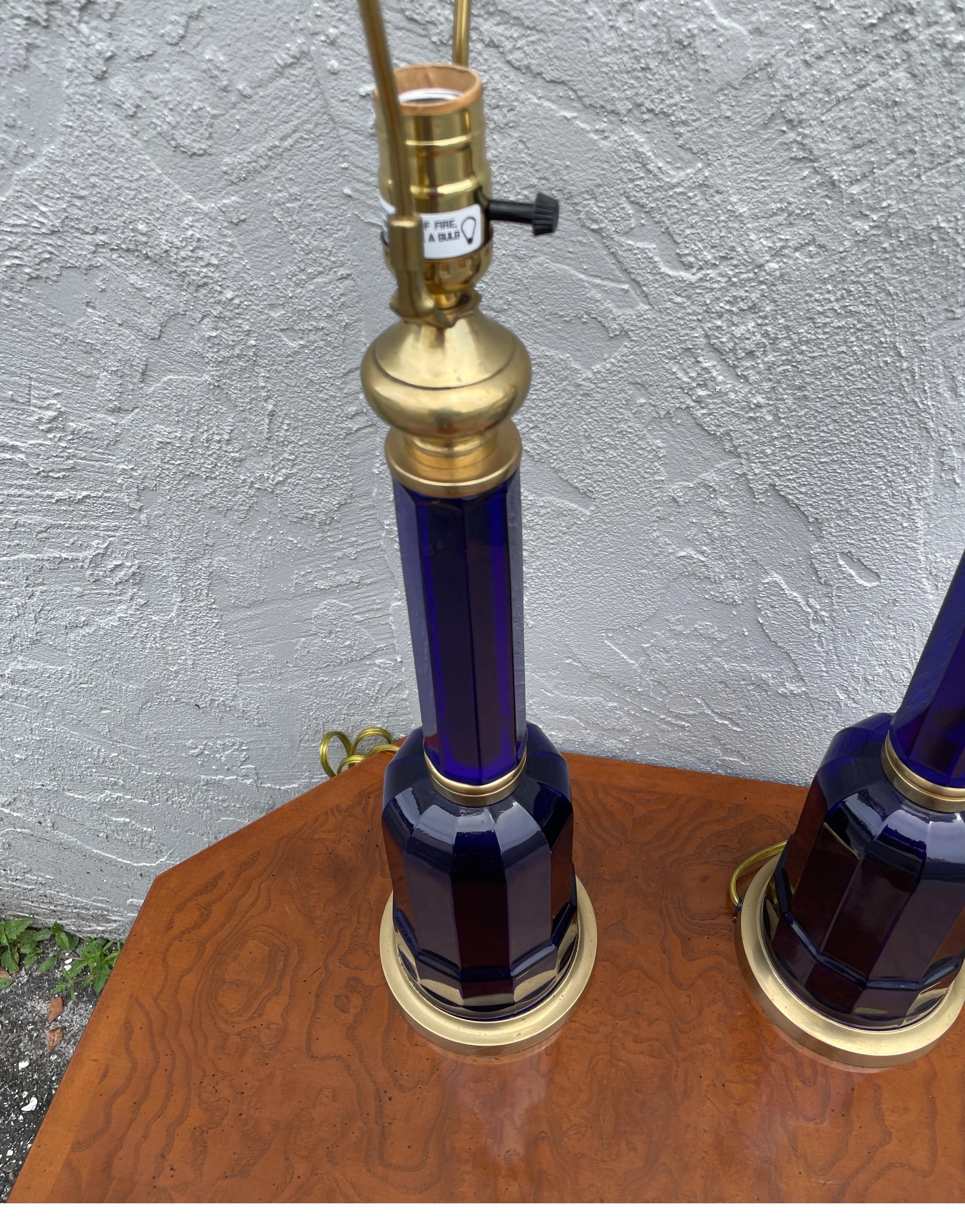 English Pair of Cobalt Blue Glass & Brass Lamps by Vaughan