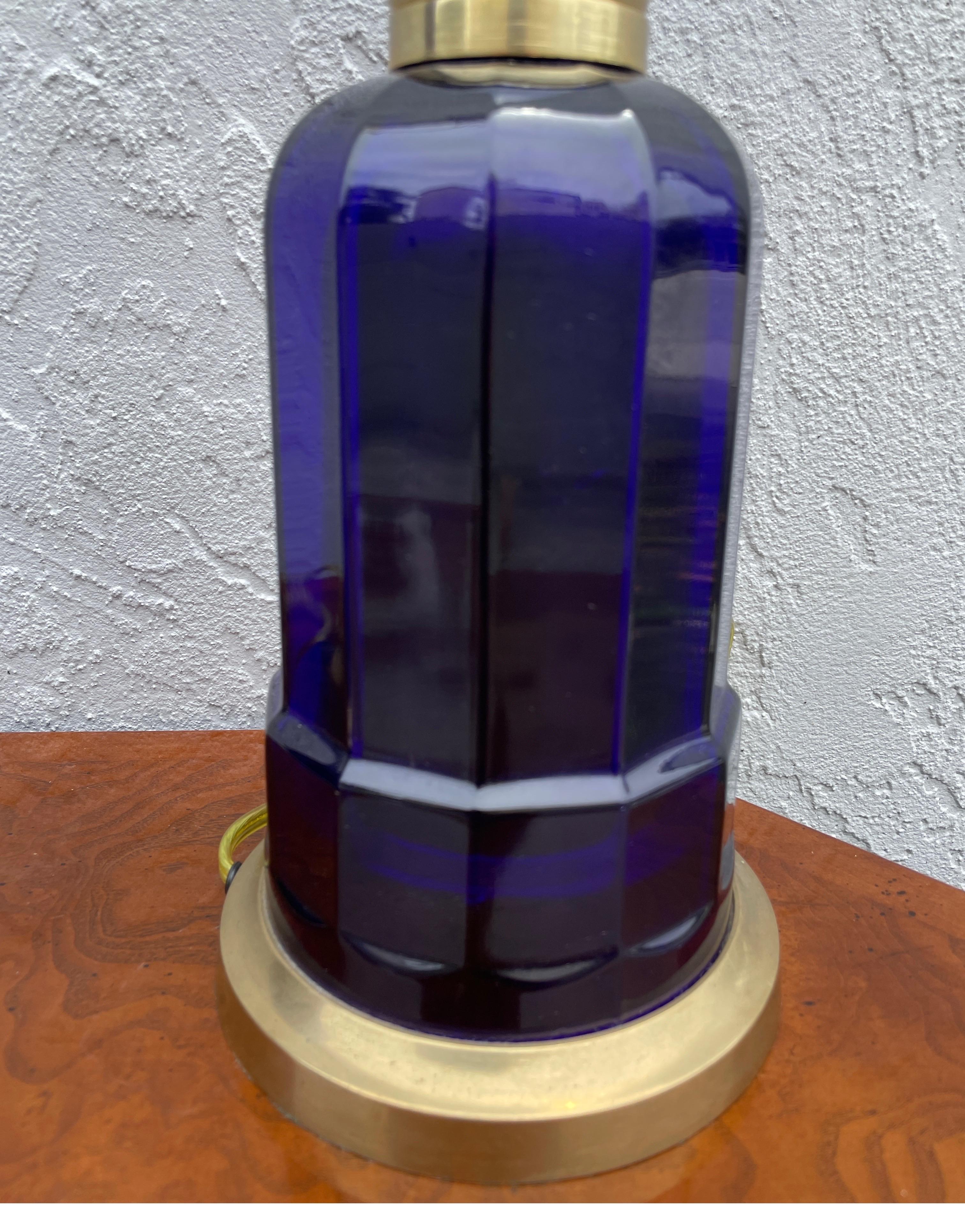 Pair of Cobalt Blue Glass & Brass Lamps by Vaughan 2