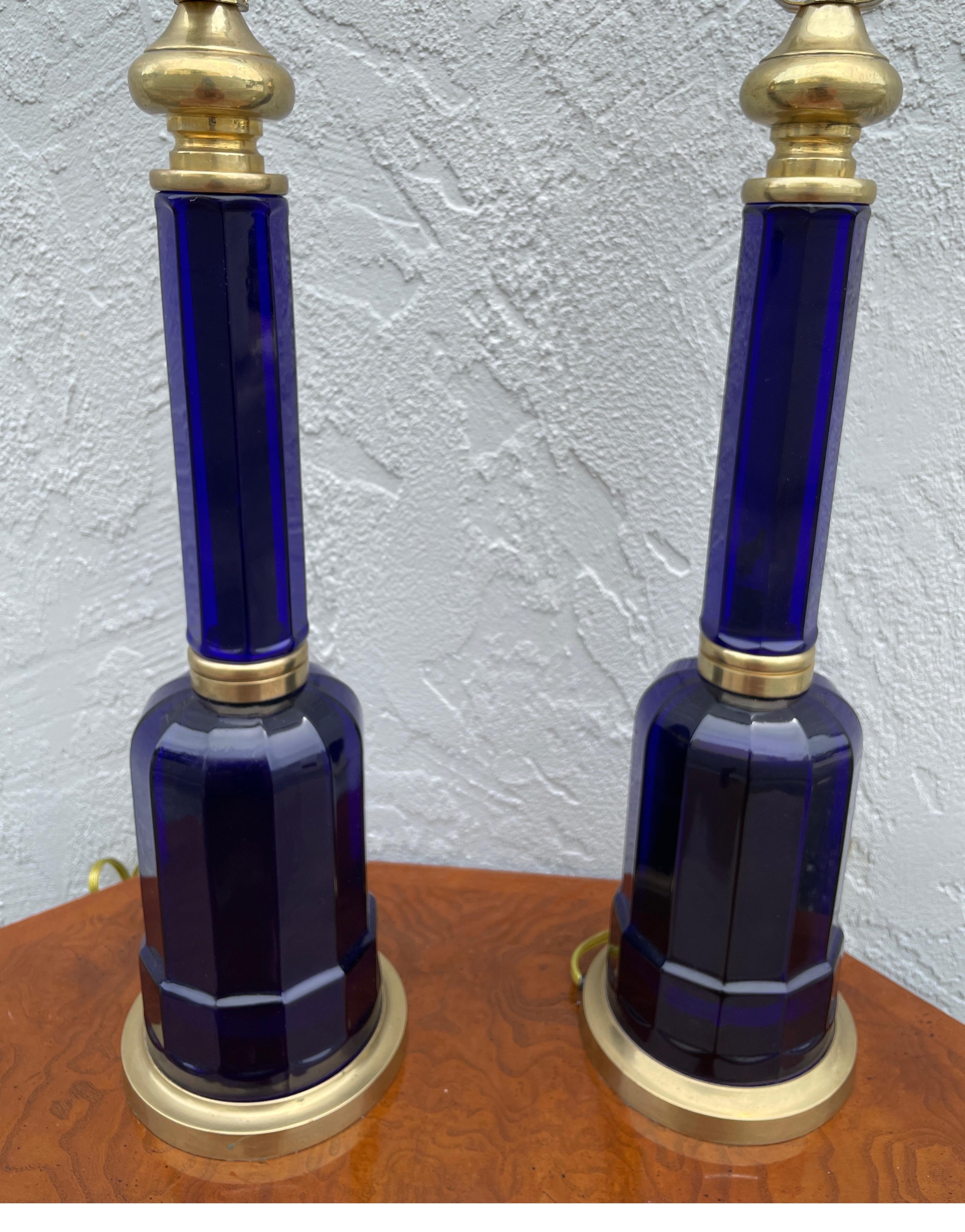 Pair of Cobalt Blue Glass & Brass Lamps by Vaughan 3